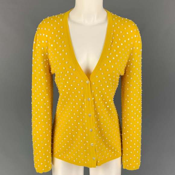 OSCAR DE LA RENTA Sweaters - OSCAR DE LA RENTA Yellow Cashmere Beaded Open Front Cardigan
